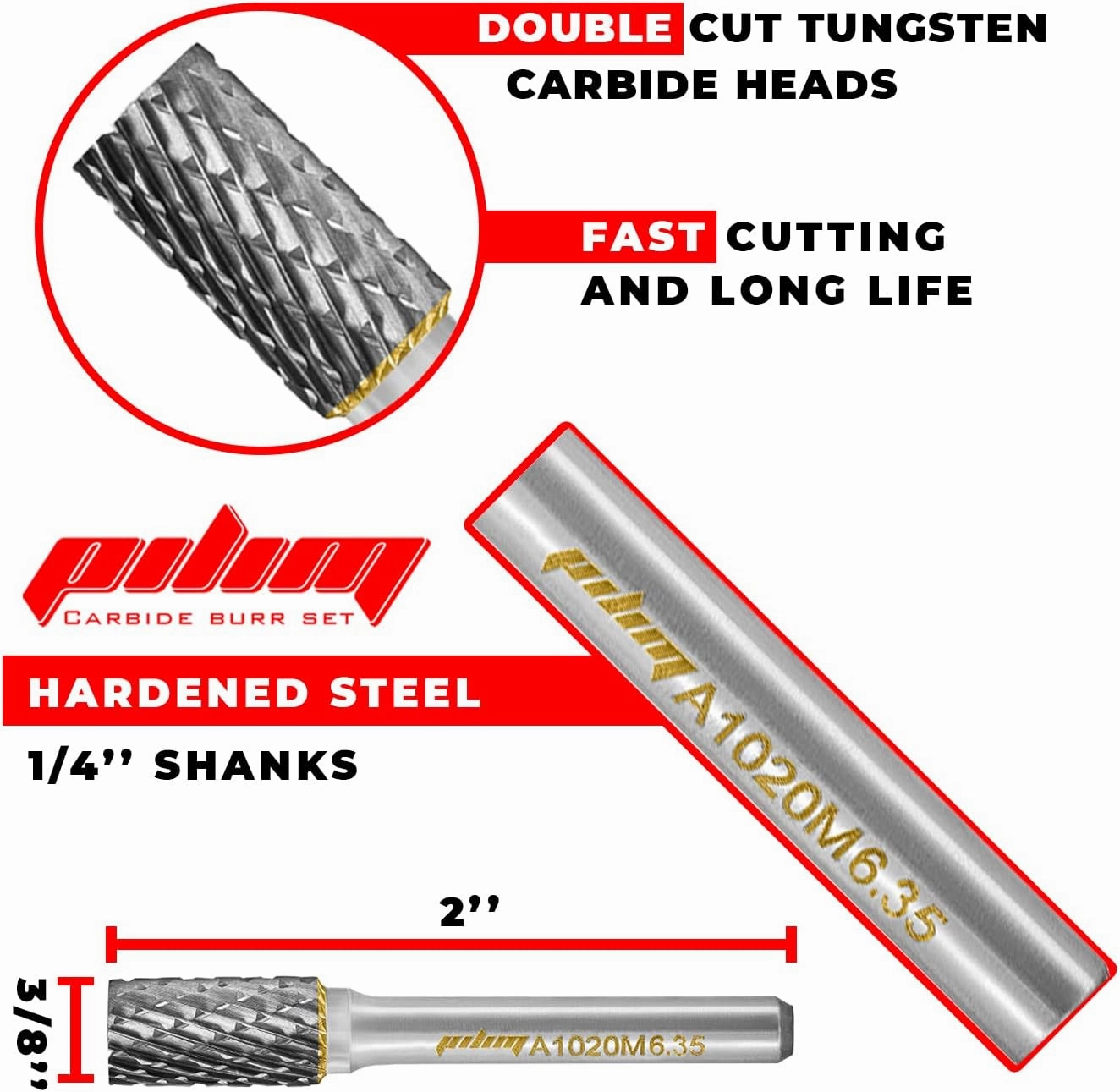 Tungsten Carbide Burr Set 1/4" Shank 10PC Double Cut Rotary Cutting Burrs Die Grinder Bits for Steel and Wood Working, Grinding, Carving, and Engraving