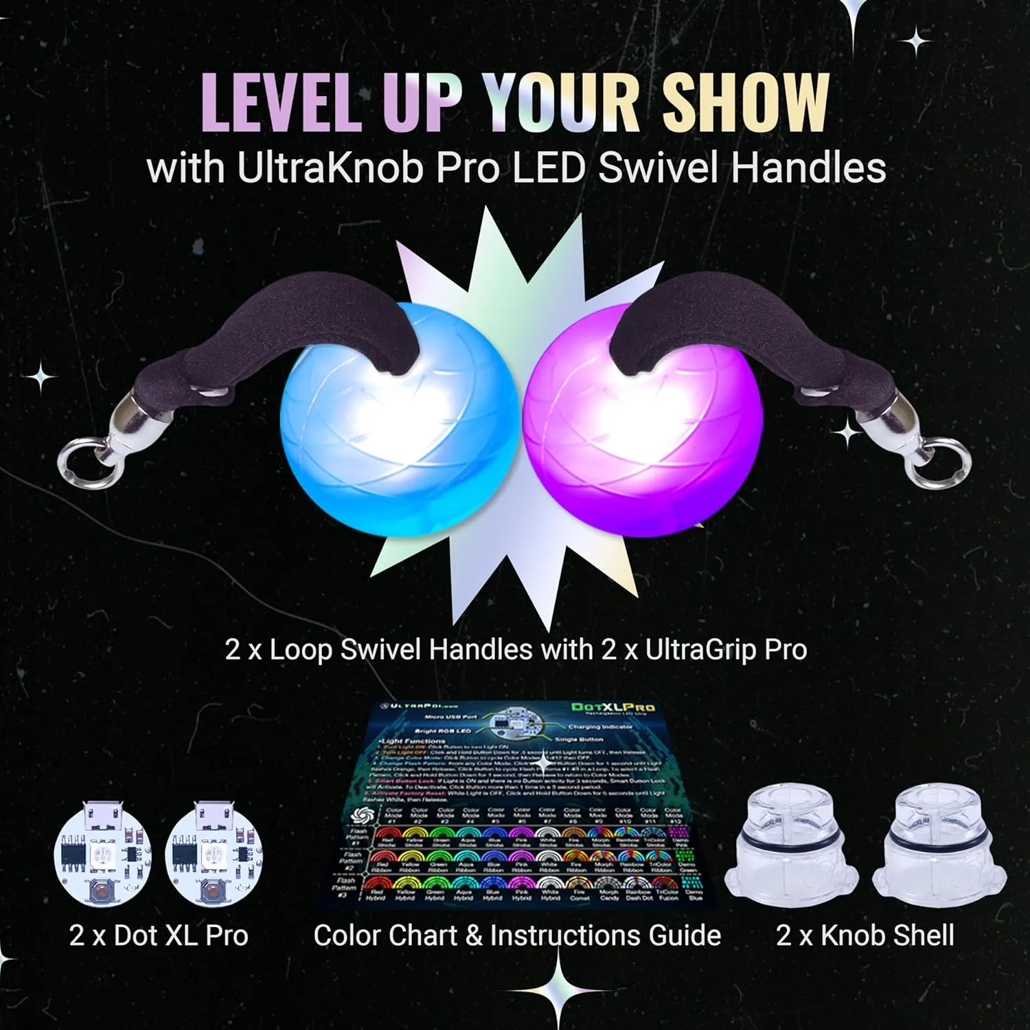 UltraPoi UltraKnob Pro Swivel Handles Set (Pair (2)) - Rechargeable Knob Handles for LED Poi Balls - Over 35 Rainbow Color Modes & Flashing Patterns - Silicone Knob for Poi, Flow Art & Light Spinning