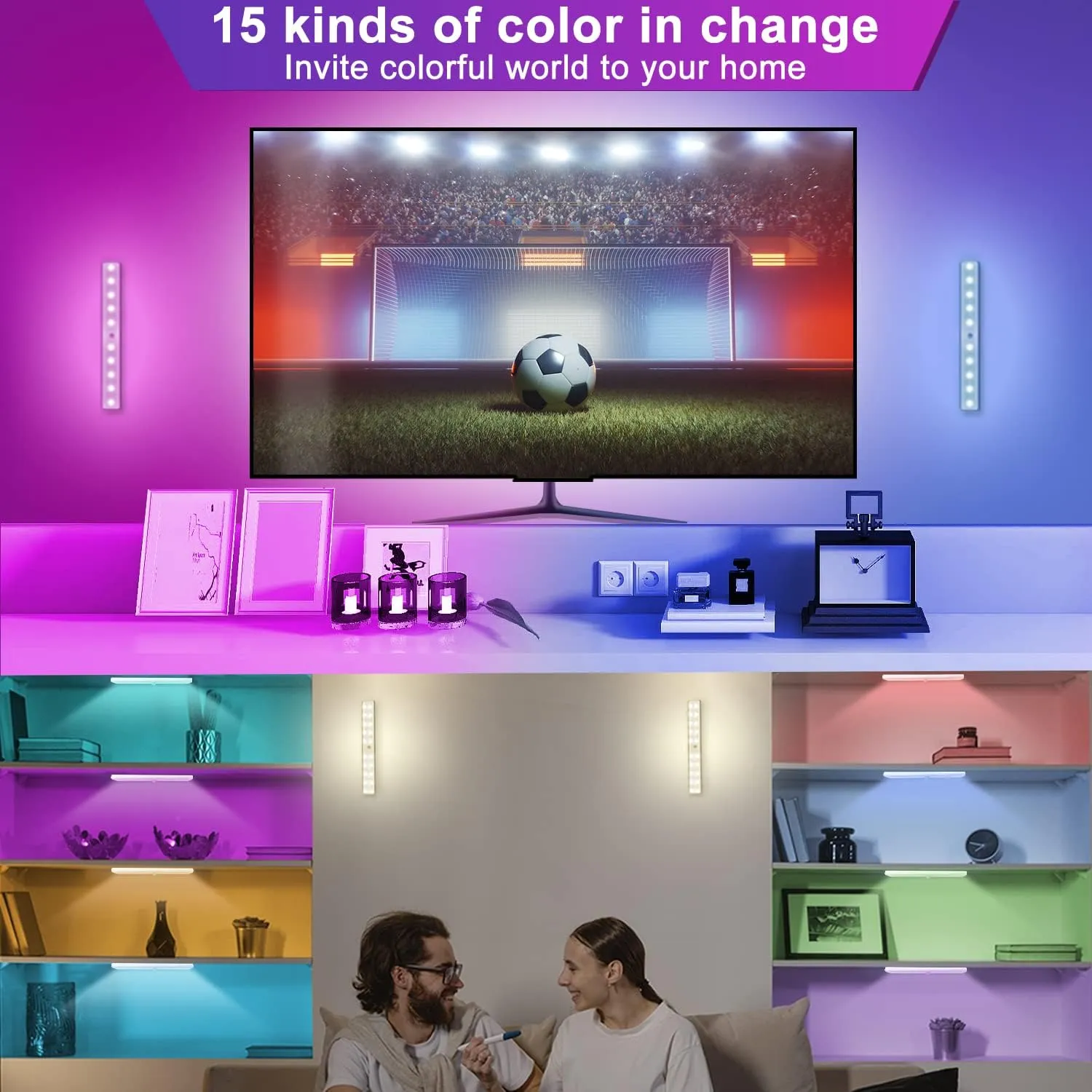 Under Cabinet Lighting Wireless with Remote, 48 LED Rechargeable Under Cabinet Lights, Kitchen Counter Lights Dimmable LED Closet Light RGB Bar for Shelf, Car, Hallway, 15 Color Changing, 6 Pack