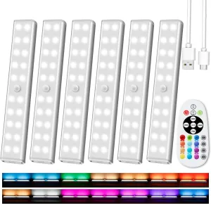 Under Cabinet Lighting Wireless with Remote, 48 LED Rechargeable Under Cabinet Lights, Kitchen Counter Lights Dimmable LED Closet Light RGB Bar for Shelf, Car, Hallway, 15 Color Changing, 6 Pack