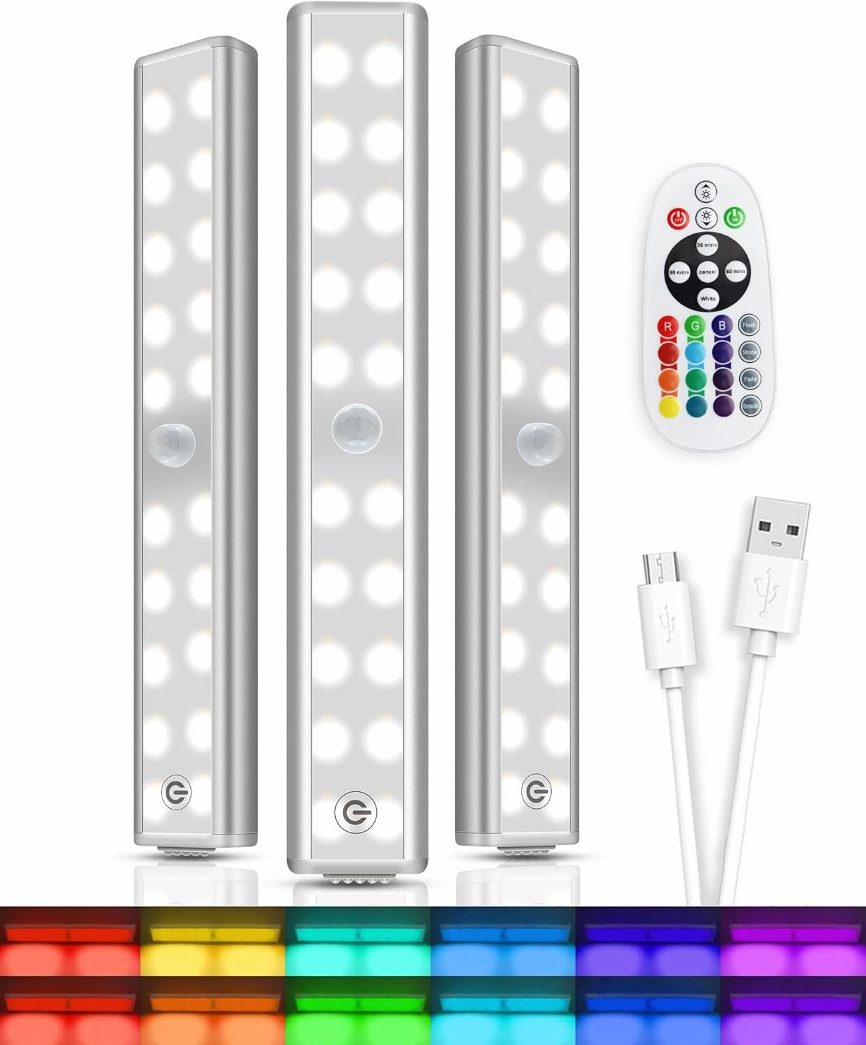 Under Cabinet Lights, Wireless Rechargeable LED RGB Under Counter Lights Bar 3 Packs 48 LED 15 Color Temps Dimmable with Remote Shelf Kitchen Closet Bedroom Lights