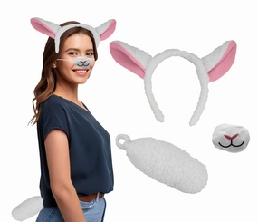 Unisex Lamb Ears Headband and Tail Accessory Set, White, One Size