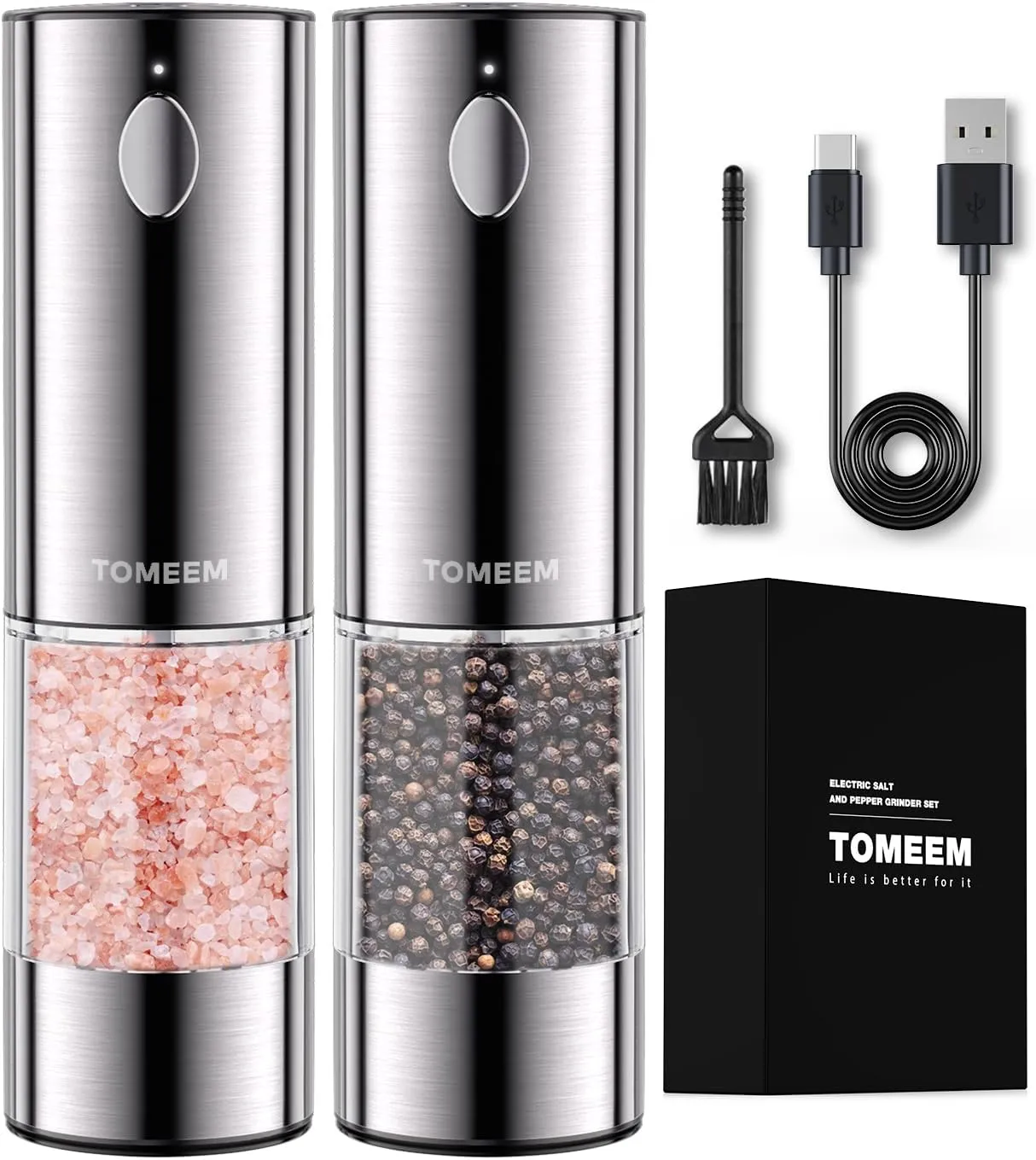Upgraded Larger Capacity Electric Salt and Pepper Grinder Set Rechargeable with LED lights, Stainless Steel Automatic Pepper and Salt Grinder Refillable with 5 Adjustable Coarseness