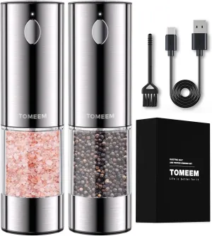 Upgraded Larger Capacity Electric Salt and Pepper Grinder Set Rechargeable with LED lights, Stainless Steel Automatic Pepper and Salt Grinder Refillable with 5 Adjustable Coarseness