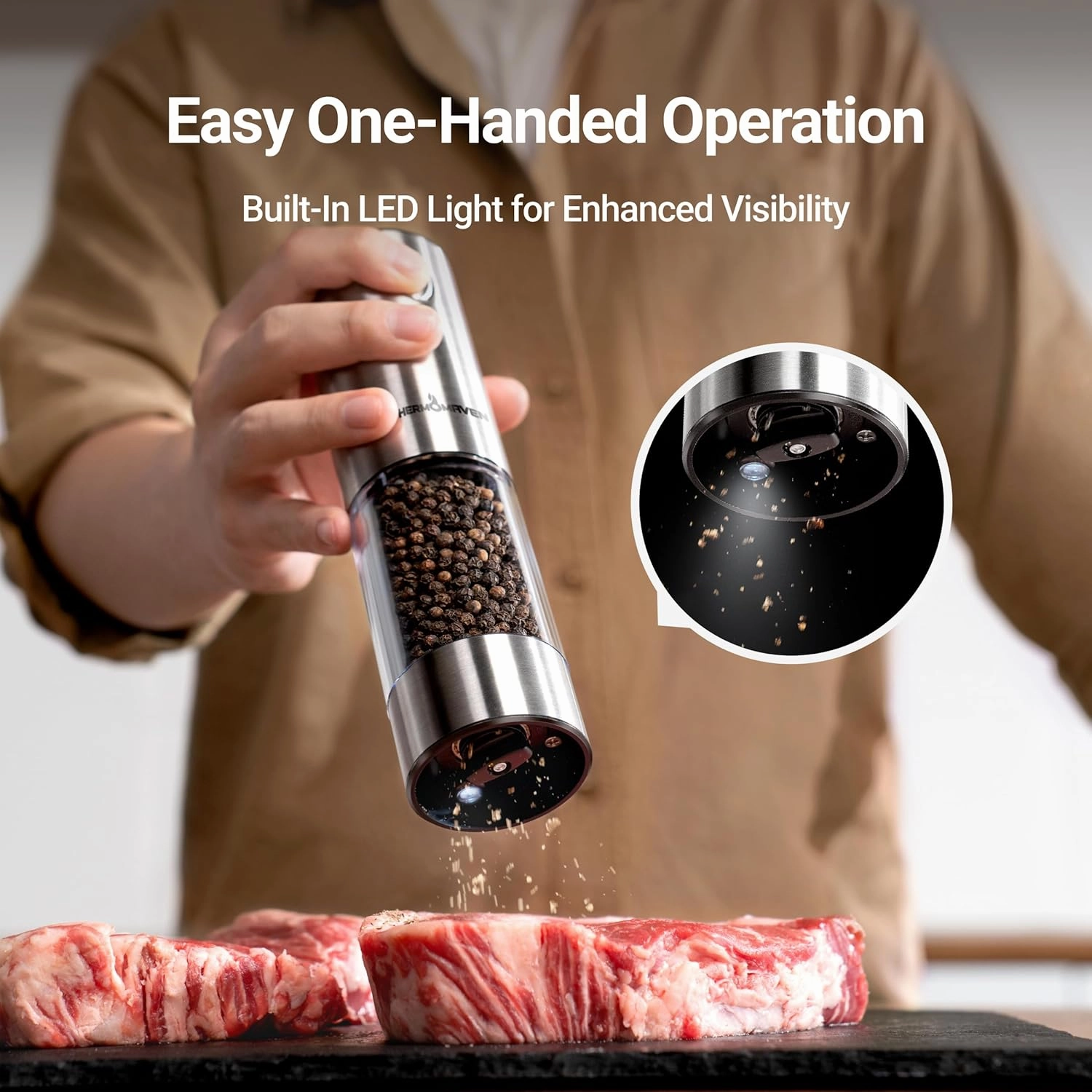 Upgraded Larger Capacity Electric Salt and Pepper Grinder Set, 110ml Rechargeable Salt and Pepper Shaker with LED light, Stainless Steel Automatic Pepper Mill with 6 Adjustable Coarseness
