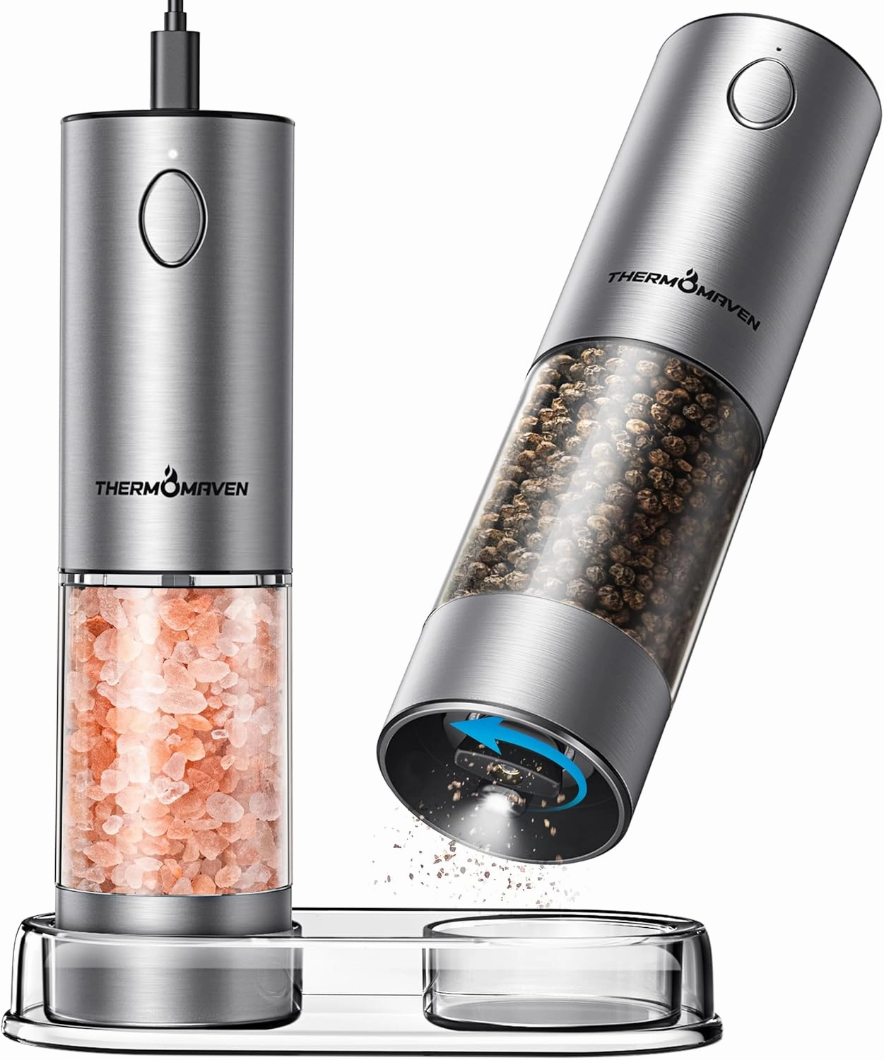 Upgraded Larger Capacity Electric Salt and Pepper Grinder Set, 110ml Rechargeable Salt and Pepper Shaker with LED light, Stainless Steel Automatic Pepper Mill with 6 Adjustable Coarseness