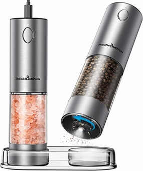 Upgraded Larger Capacity Electric Salt and Pepper Grinder Set, 110ml Rechargeable Salt and Pepper Shaker with LED light, Stainless Steel Automatic Pepper Mill with 6 Adjustable Coarseness