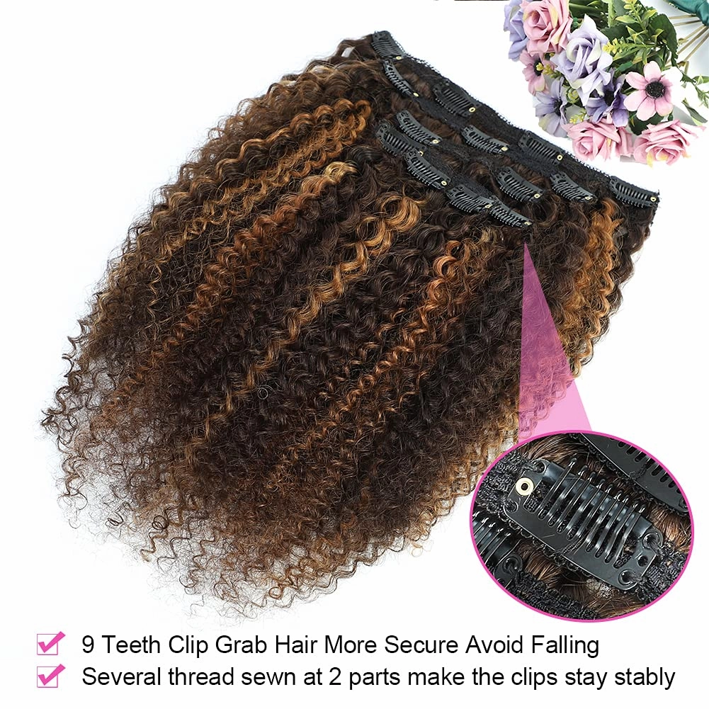 Urbeauty 4/30 Kinky Curly 10 Inch 3c 4a Clip in Hair Extensions for Black Women Chocolate Brown Mix Medium Auburn Curly Hair Extensions Clip Ins 10Pcs/Set Full Head 10a Grade