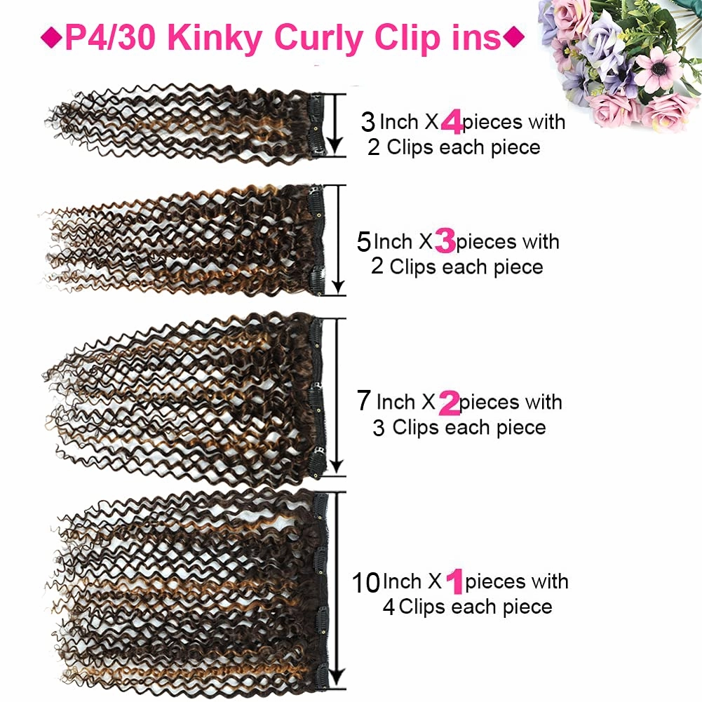 Urbeauty 4/30 Kinky Curly 10 Inch 3c 4a Clip in Hair Extensions for Black Women Chocolate Brown Mix Medium Auburn Curly Hair Extensions Clip Ins 10Pcs/Set Full Head 10a Grade