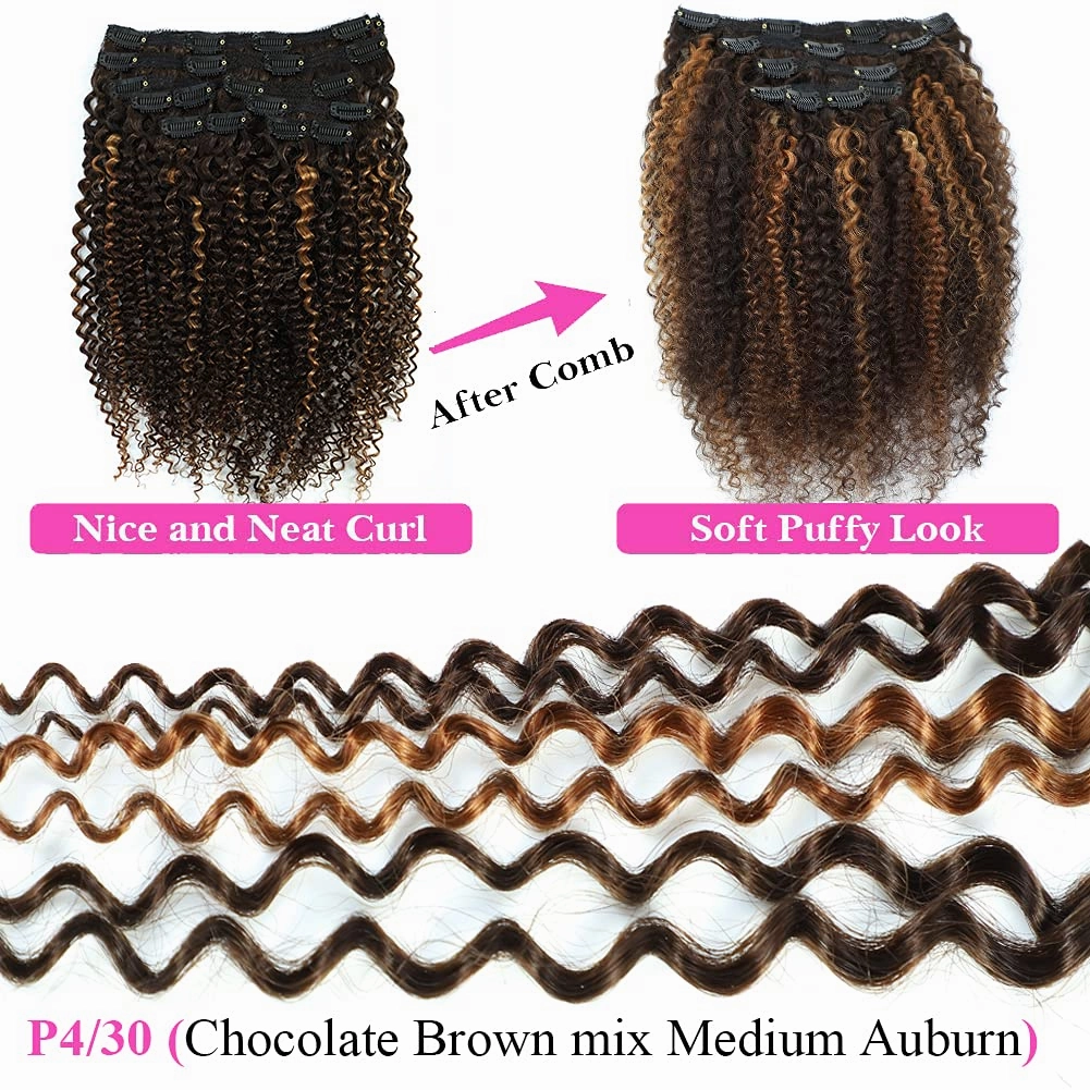 Urbeauty 4/30 Kinky Curly 10 Inch 3c 4a Clip in Hair Extensions for Black Women Chocolate Brown Mix Medium Auburn Curly Hair Extensions Clip Ins 10Pcs/Set Full Head 10a Grade