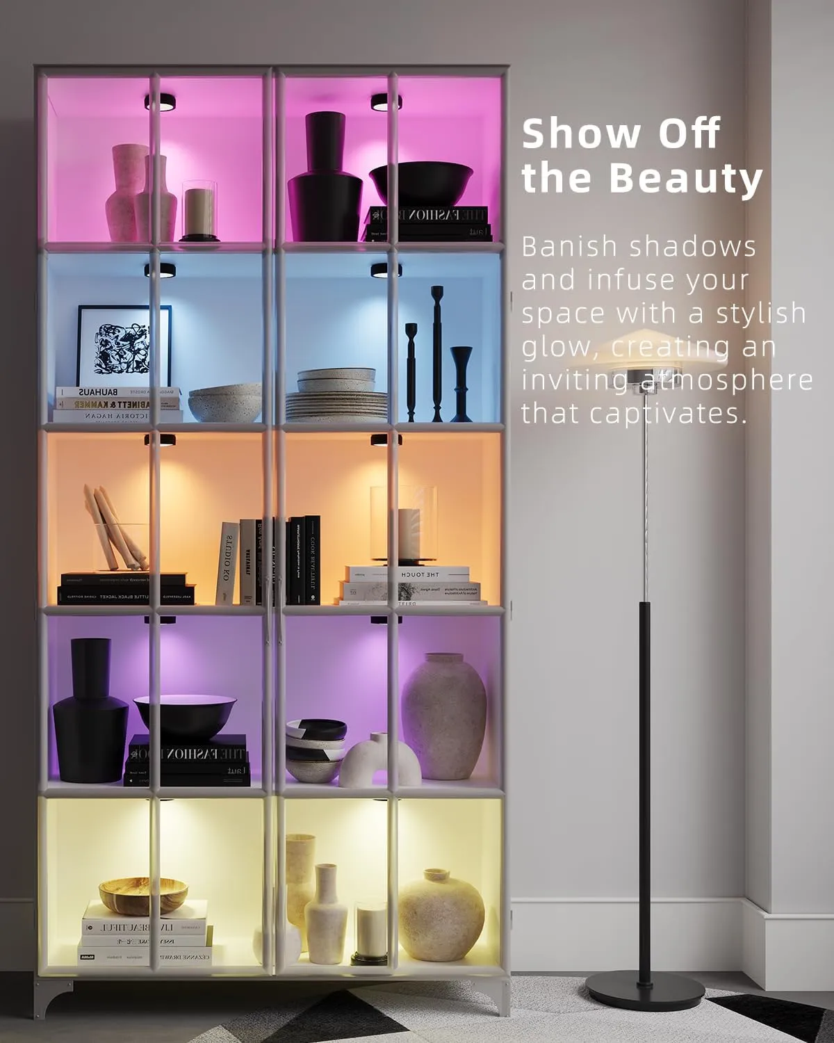 USB Rechargeable Color Changing Puck Lights, Black 2400mAh Battery Operated Tap Lights with Remote Under Cabinet Lighting Wireless LED Display Shelf Light RGB Magnetic Push Lamp Stick On for Classroom