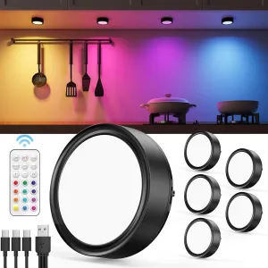 USB Rechargeable Color Changing Puck Lights, Black 2400mAh Battery Operated Tap Lights with Remote Under Cabinet Lighting Wireless LED Display Shelf Light RGB Magnetic Push Lamp Stick On for Classroom