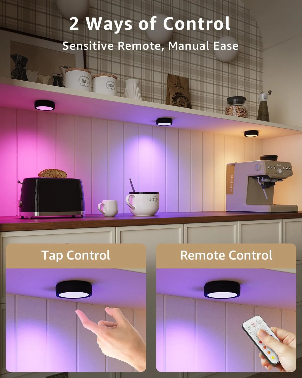 USB Rechargeable Color Changing Puck Lights, Black 2400mAh Battery Operated Tap Lights with Remote Under Cabinet Lighting Wireless LED Display Shelf Light RGB Magnetic Push Lamp Stick On for Classroom