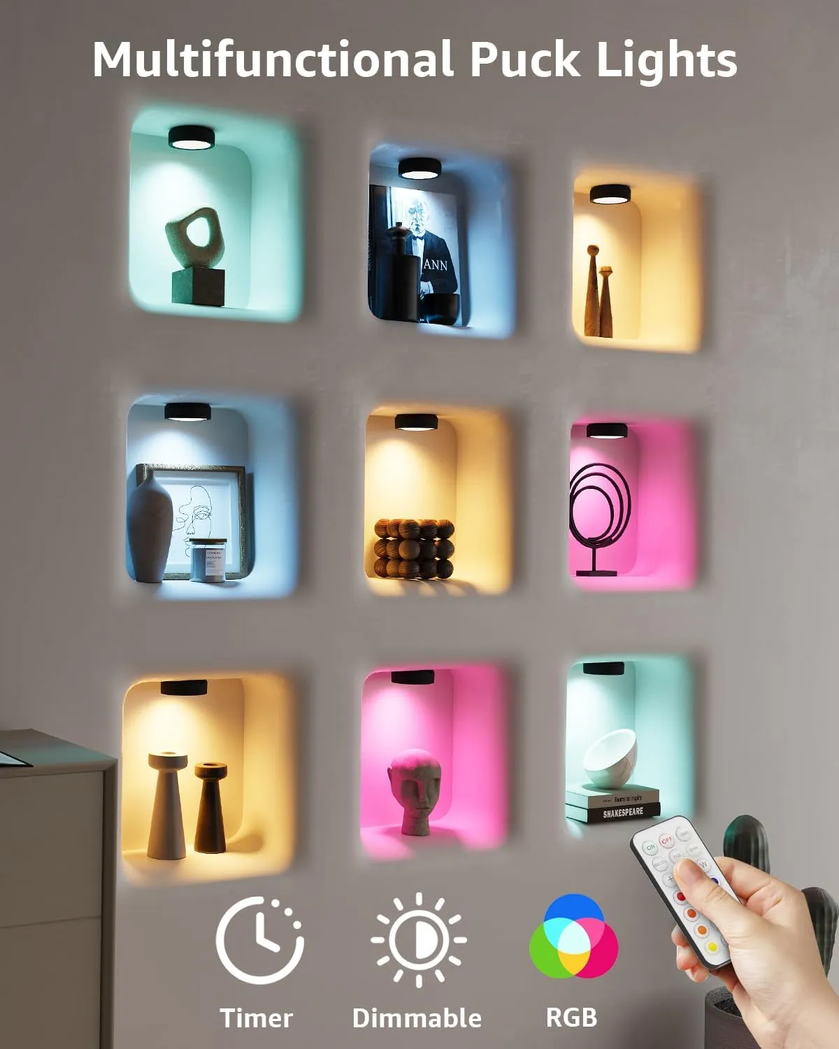 USB Rechargeable Color Changing Puck Lights, Black 2400mAh Battery Operated Tap Lights with Remote Under Cabinet Lighting Wireless LED Display Shelf Light RGB Magnetic Push Lamp Stick On for Classroom