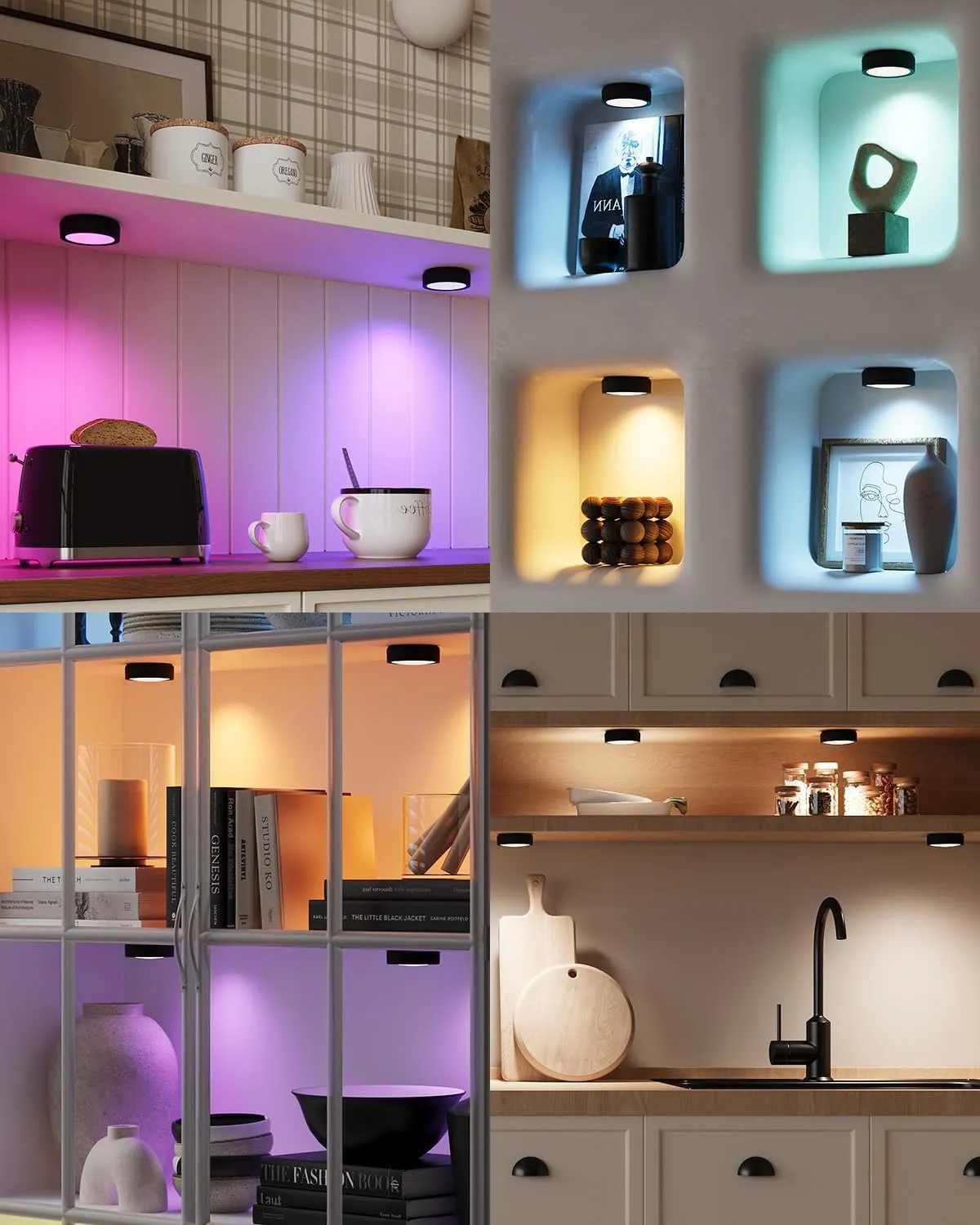 USB Rechargeable Color Changing Puck Lights, Black 2400mAh Battery Operated Tap Lights with Remote Under Cabinet Lighting Wireless LED Display Shelf Light RGB Magnetic Push Lamp Stick On for Classroom
