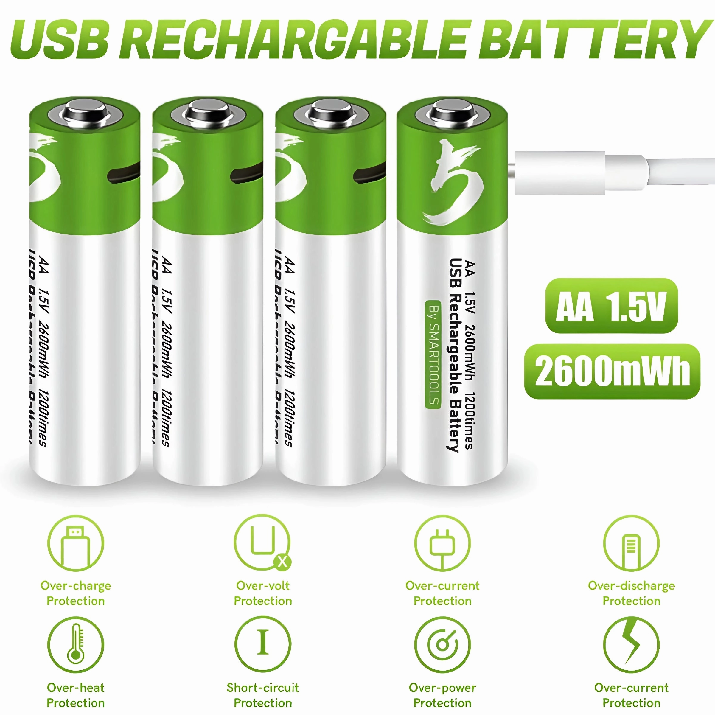 USB Rechargeable AA 1.5V 2600mAh Lithium Batteries (4pcs) for Remote Controls, Toys   Cable