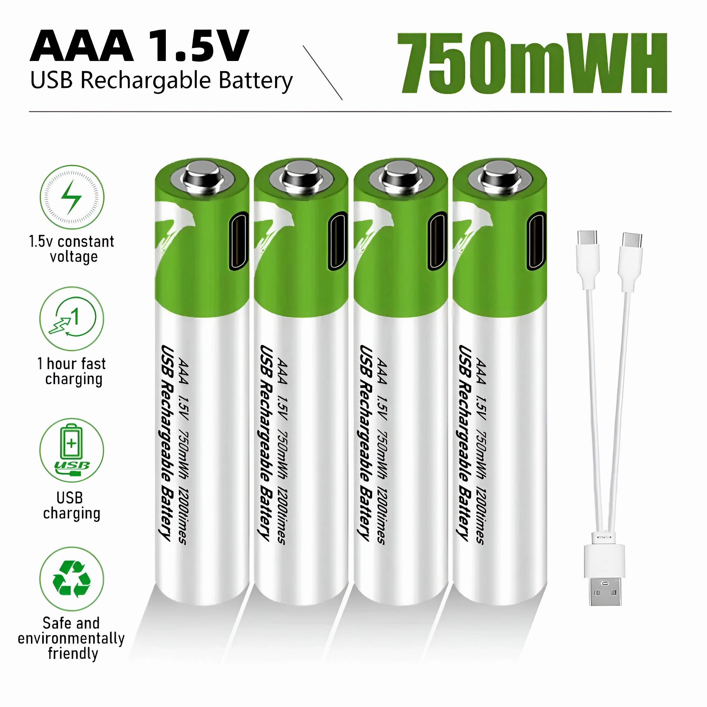 USB Rechargeable AA 1.5V 2600mAh Lithium Batteries (4pcs) for Remote Controls, Toys   Cable