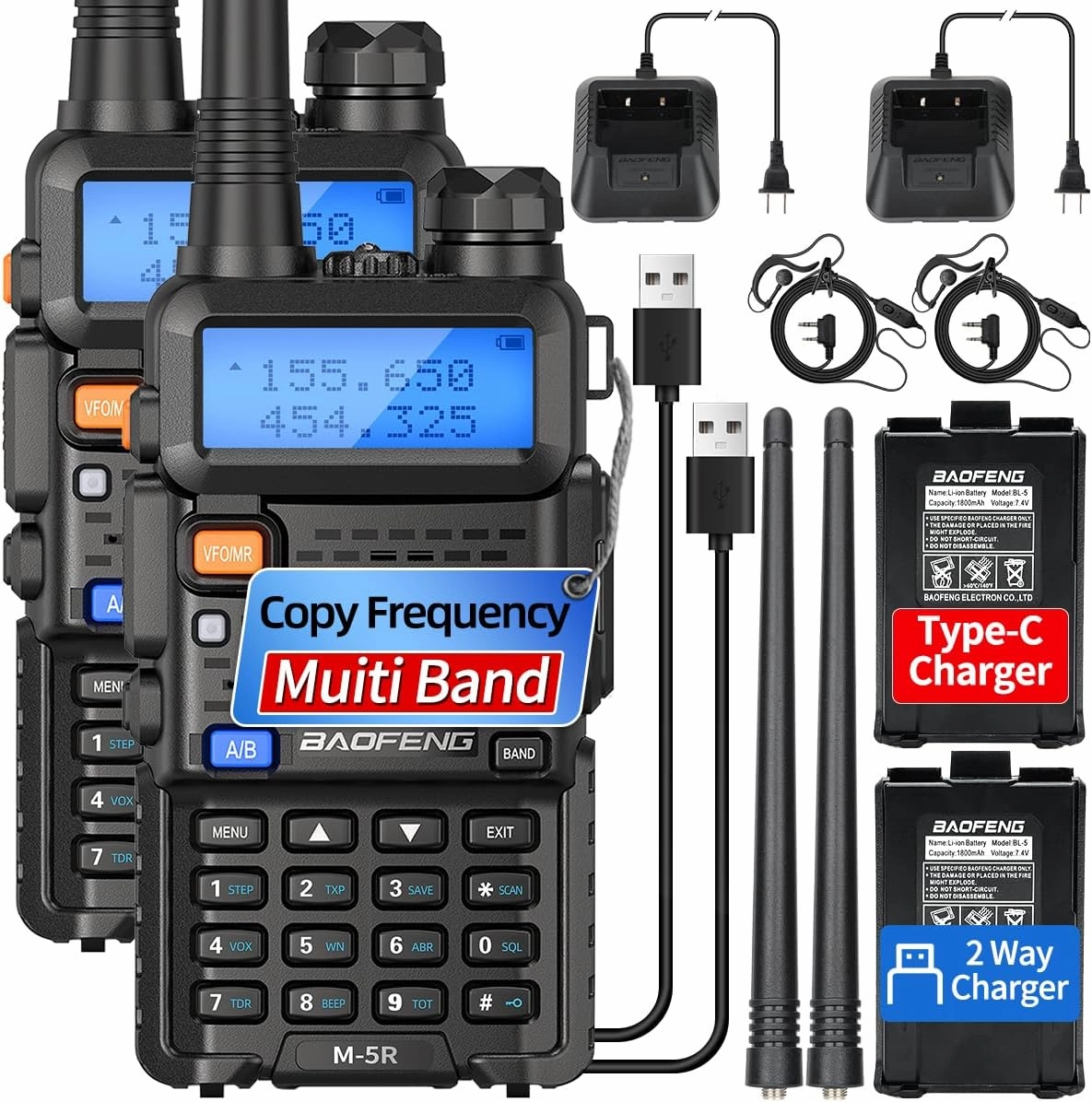 UV-5R Ham Radio Long Range UV5R New Ver. Handheld Radios Walkie Talkies Rechargeable High Power Copy Frequency Multi Band USB-C Charger M-5R 5RX Two Way Radio,2 Pack