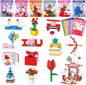 Valentine Building Blocks Gifts for Kids, 24Packs Flower Love Gift Building Blocks Set with Cards Classroom Exchange Gift Prize Toys for Valentines Party Favors