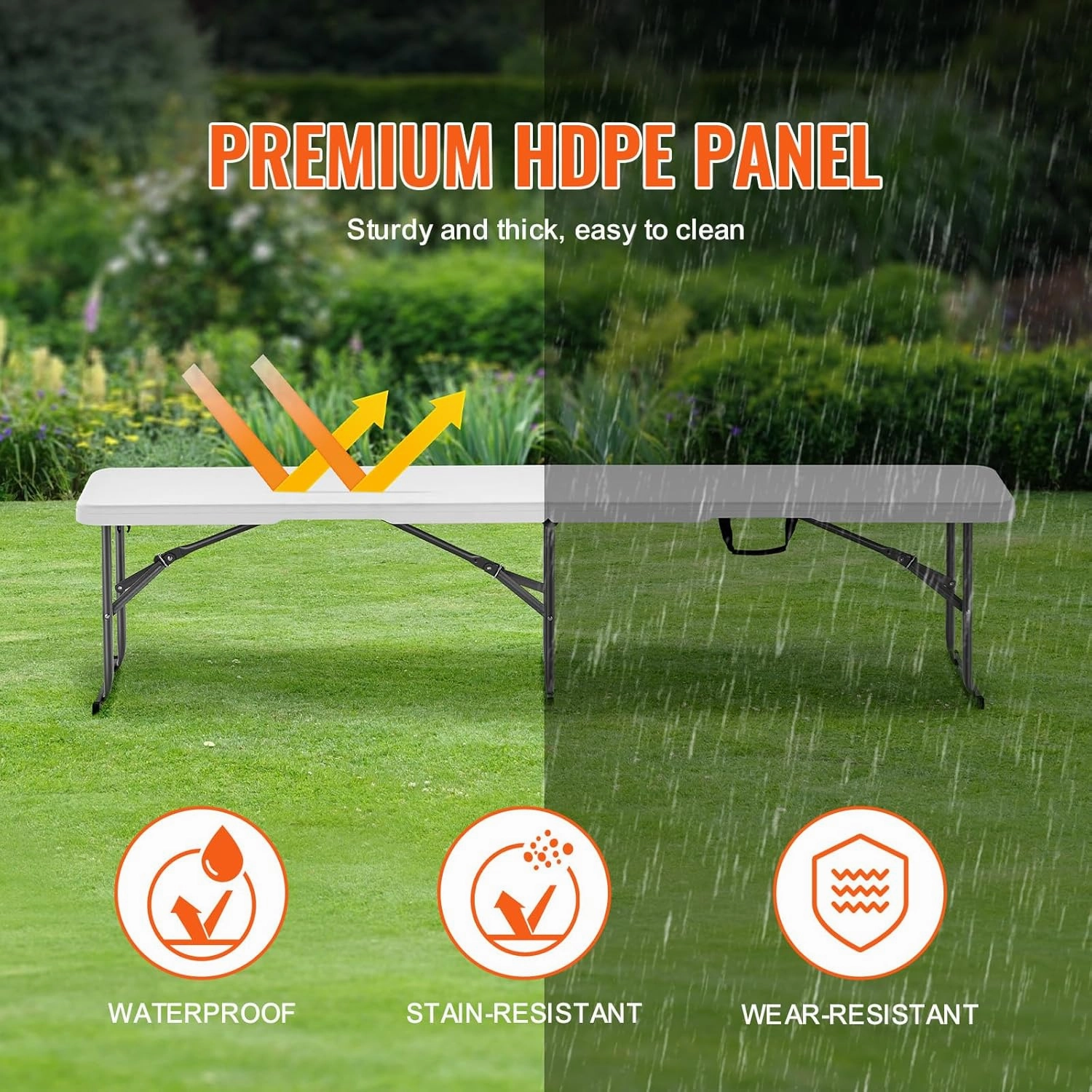 VEVOR Plastic Folding Bench, 6 FT Portable Folding Bench, Smooth HDPE Waterproof Outdoor Bench, Picnic Camping Dining Seat with Carrying Handle, for Garden Soccer Entertaining Activity, White (1 Pack)