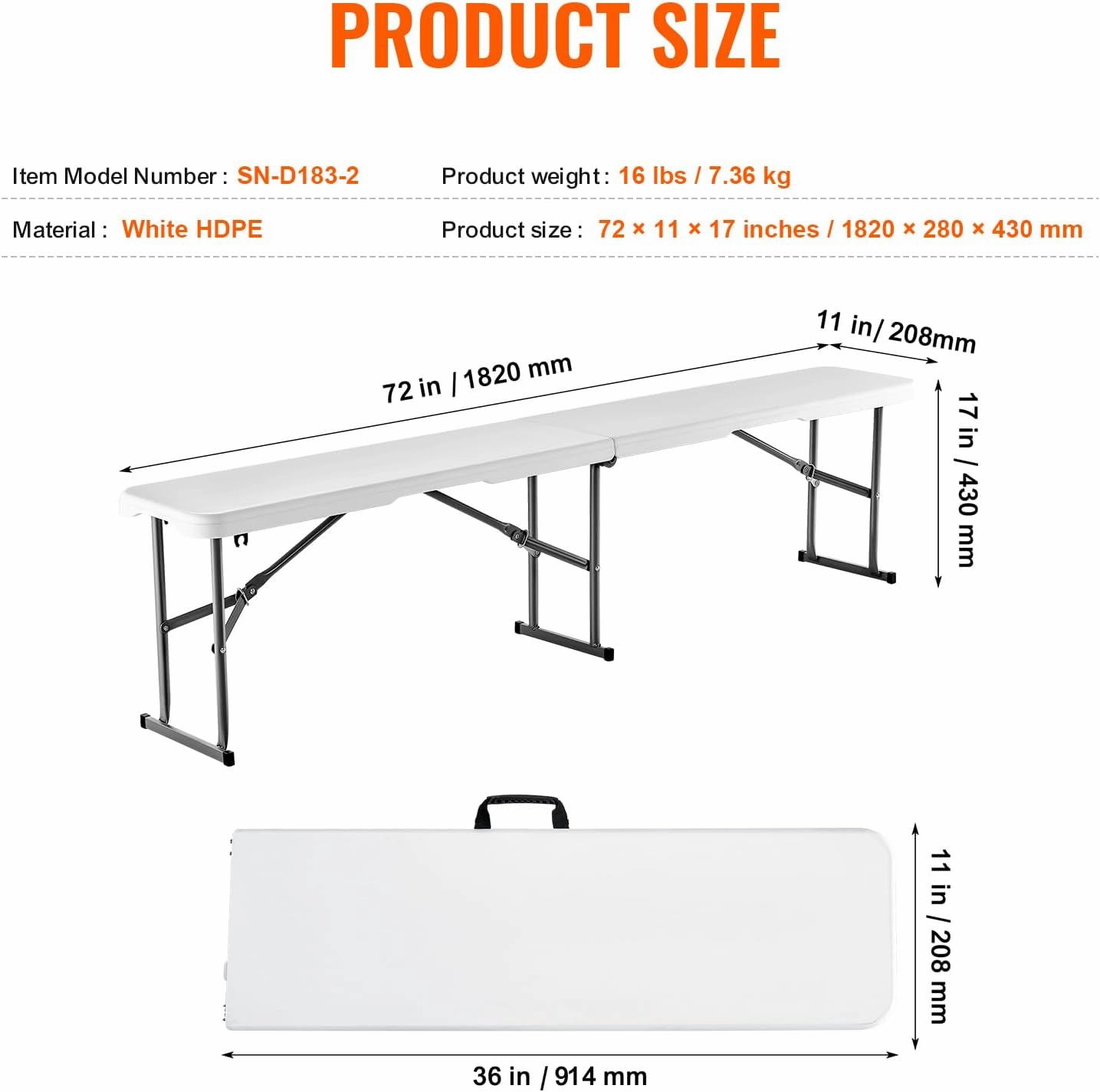 VEVOR Plastic Folding Bench, 6 FT Portable Folding Bench, Smooth HDPE Waterproof Outdoor Bench, Picnic Camping Dining Seat with Carrying Handle, for Garden Soccer Entertaining Activity, White (1 Pack)