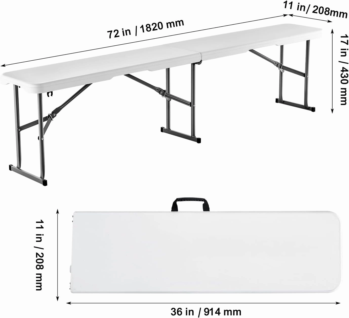 VEVOR Plastic Folding Bench, 6 FT Portable Folding Bench, Smooth HDPE Waterproof Outdoor Bench, Picnic Camping Dining Seat with Carrying Handle, for Garden Soccer Entertaining Activity, White (1 Pack)