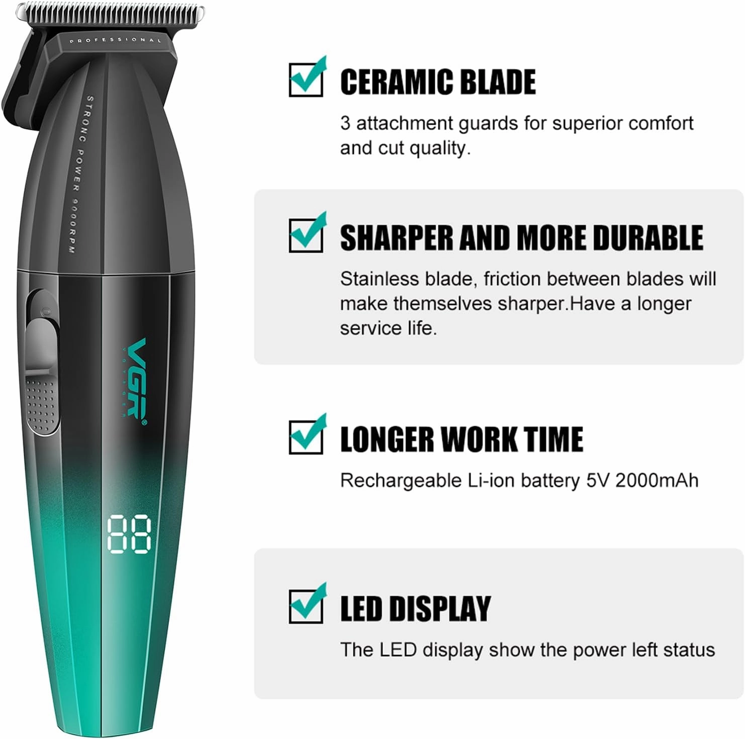 VGR 906 Fresh Fade Professional Hair Trimmer, 9000rpm Zero Gapped Beard Trimmer for Men, DLC T-Blade Cordless Hair Clipper for Barbers and USB Rechargeable, Green