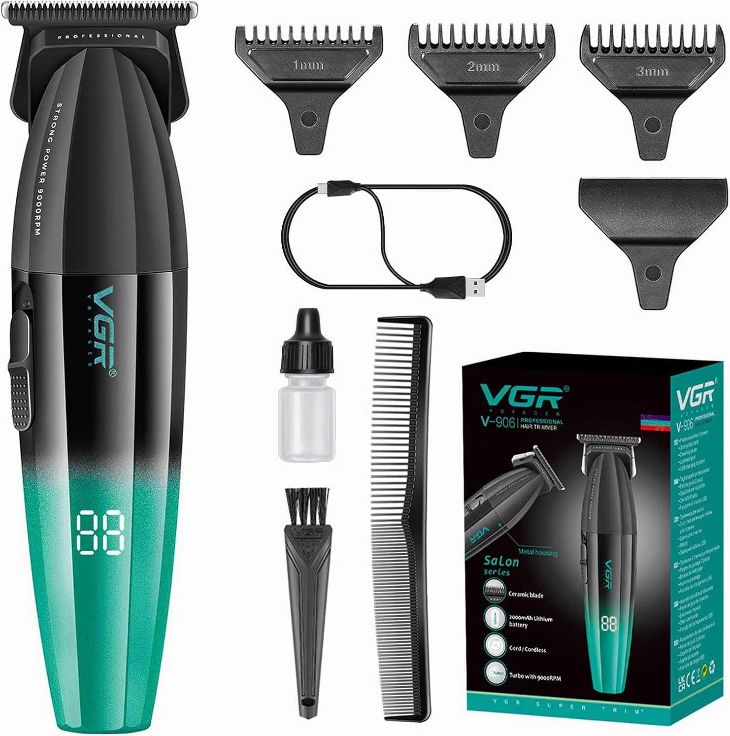 VGR 906 Fresh Fade Professional Hair Trimmer, 9000rpm Zero Gapped Beard Trimmer for Men, DLC T-Blade Cordless Hair Clipper for Barbers and USB Rechargeable, Green