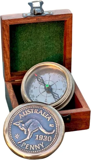 Vintage Australian Penny Compass Set with Wooden Box, 1930 Kangaroo Coin Design, Brass Navigation Tool