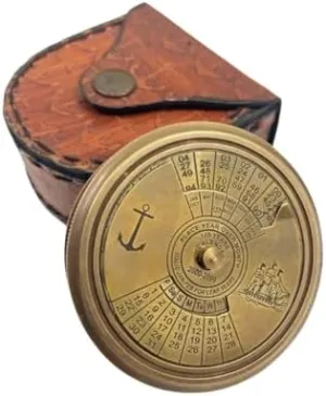 Vintage Brass Calendar Compass with Leather Case Maritime Navigation Tool 100-Year Perpetual Calendar