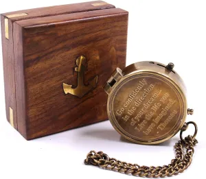 Vintage Brass Compass with Wooden Box, Nautical Navigation Tool, Antique Style Chain Compass with Decorative Anchor, Cross Design Storage Case