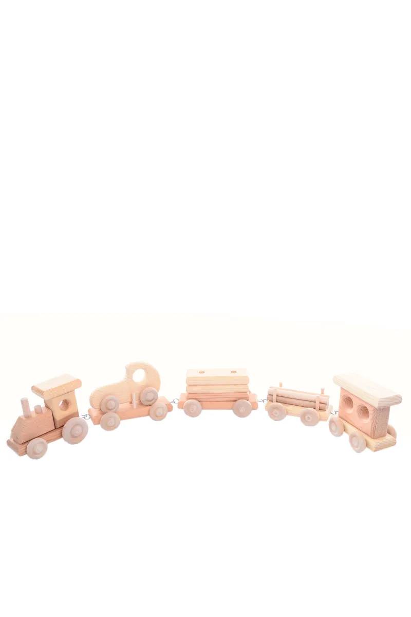 Vintage Classic Natural Wood Train Set w/ 5 Linking Cars
