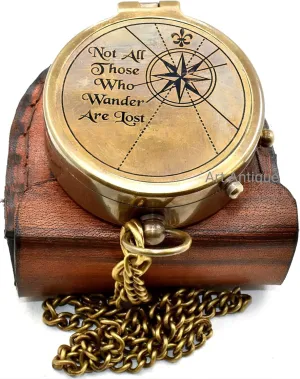 Vintage Style Brass Compass with Chain, Not All Those Who Wander Quote Engraved Compass with Leather Case Best Graduation Day Gift Beptism Day Gift Hiking Compass.