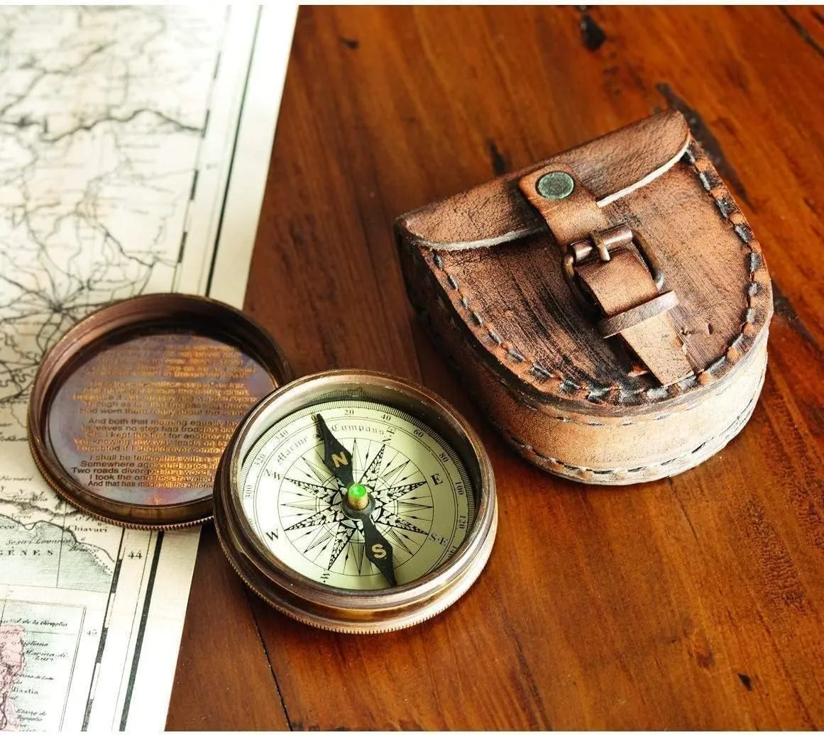 Vintage Style Brass Compass with Leather Case, Navigation Tool, Antique Look Directional Instrument