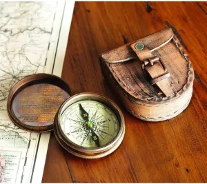 Vintage Style Brass Compass with Leather Case, Navigation Tool, Antique Look Directional Instrument