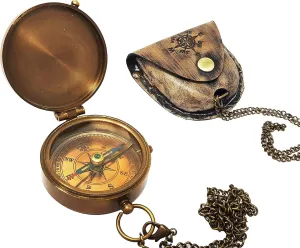 Vintage Style Brass Pocket Compass with Leather Case and Chain, Nautical Navigation Tool