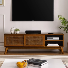 Vintage Rattan TV Cabinet with 2 Storage Cabinets and 4 Wooden Legs for Living Room Bedroom and Office