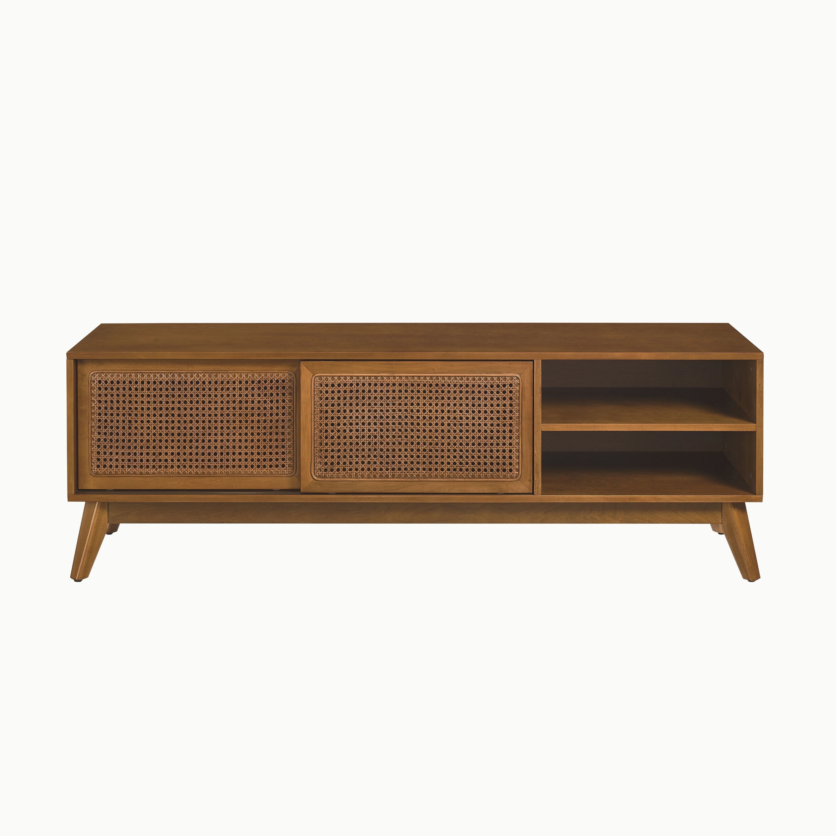 Vintage Rattan TV Cabinet with 2 Storage Cabinets and 4 Wooden Legs for Living Room Bedroom and Office