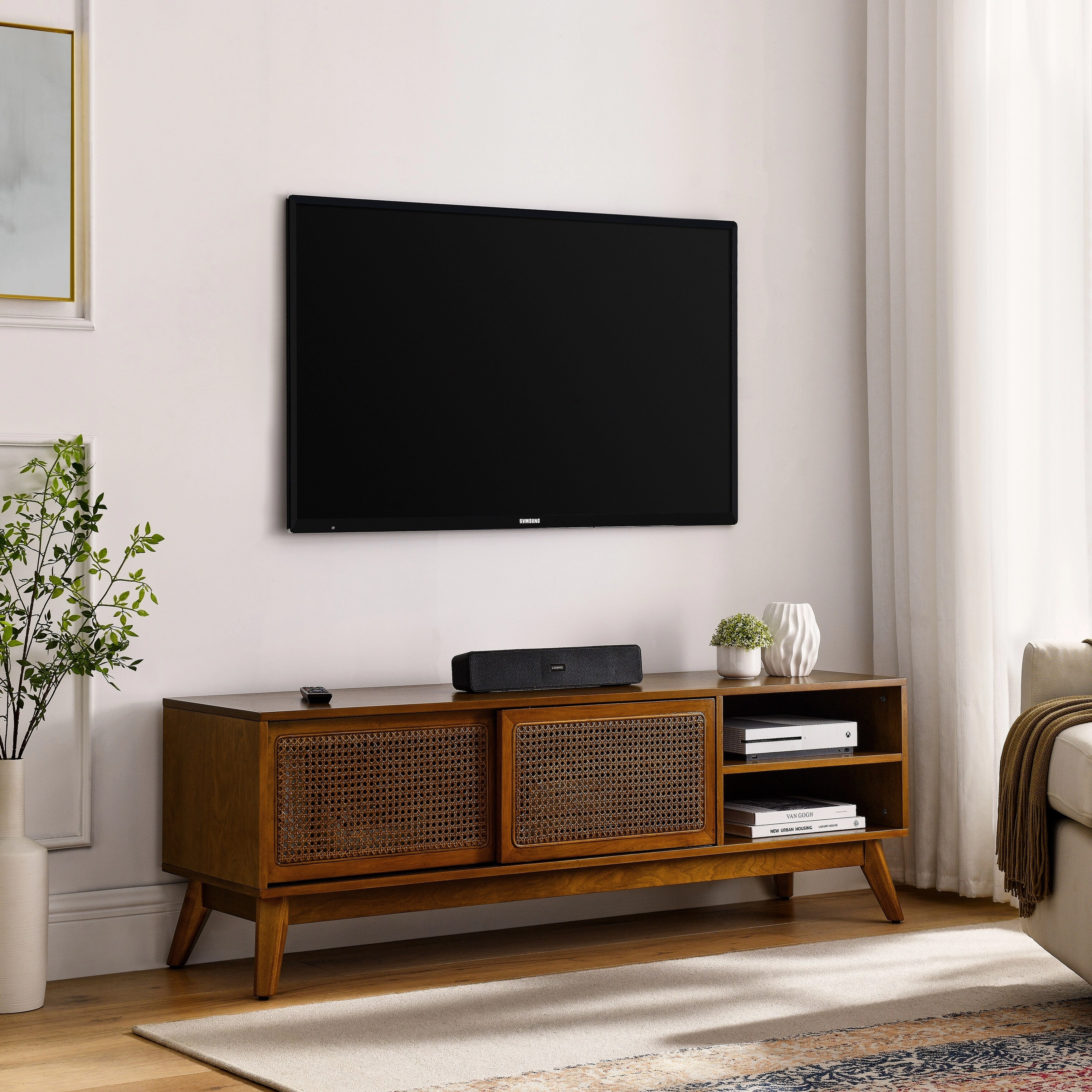 Vintage Rattan TV Cabinet with 2 Storage Cabinets and 4 Wooden Legs for Living Room Bedroom and Office