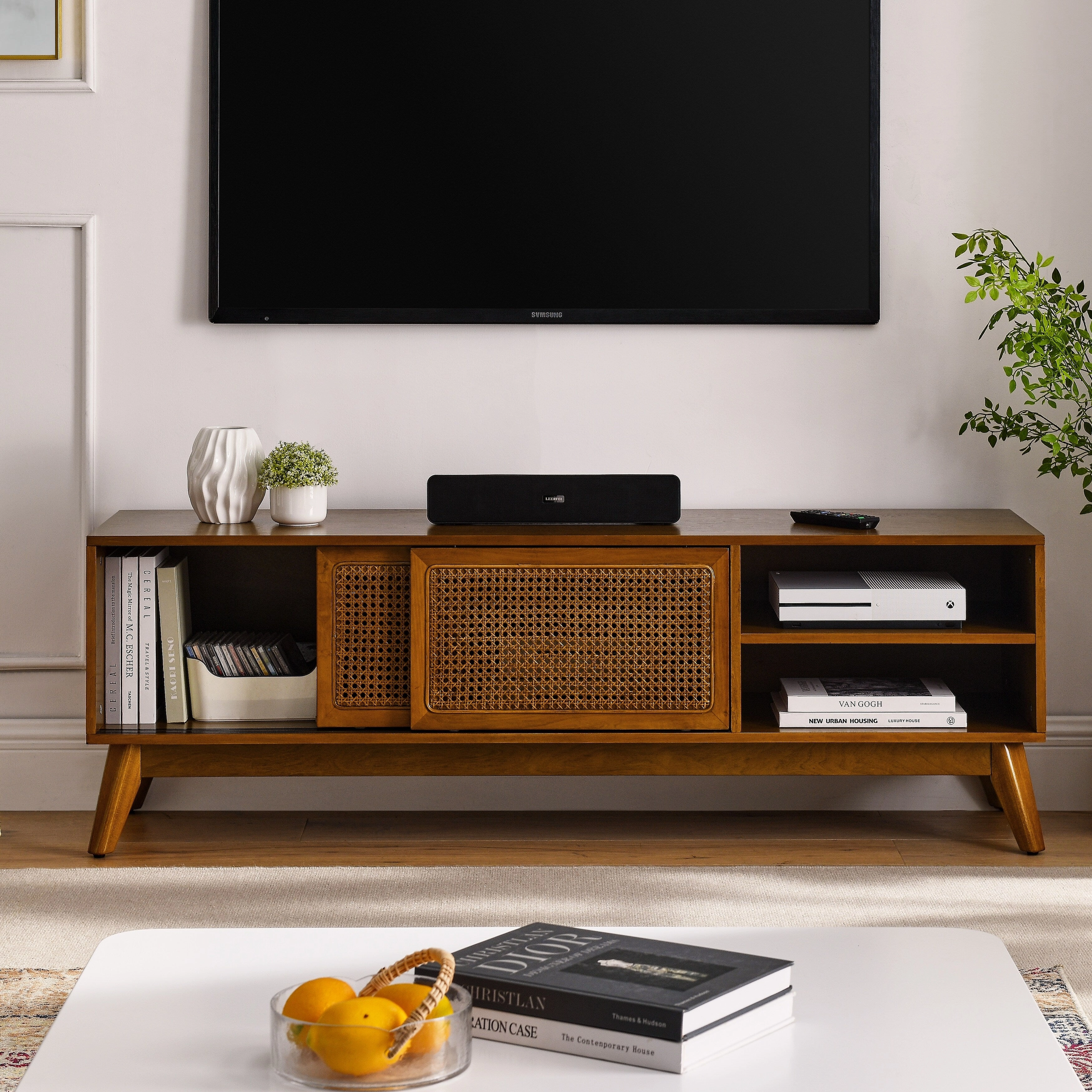 Vintage Rattan TV Cabinet with 2 Storage Cabinets and 4 Wooden Legs for Living Room Bedroom and Office