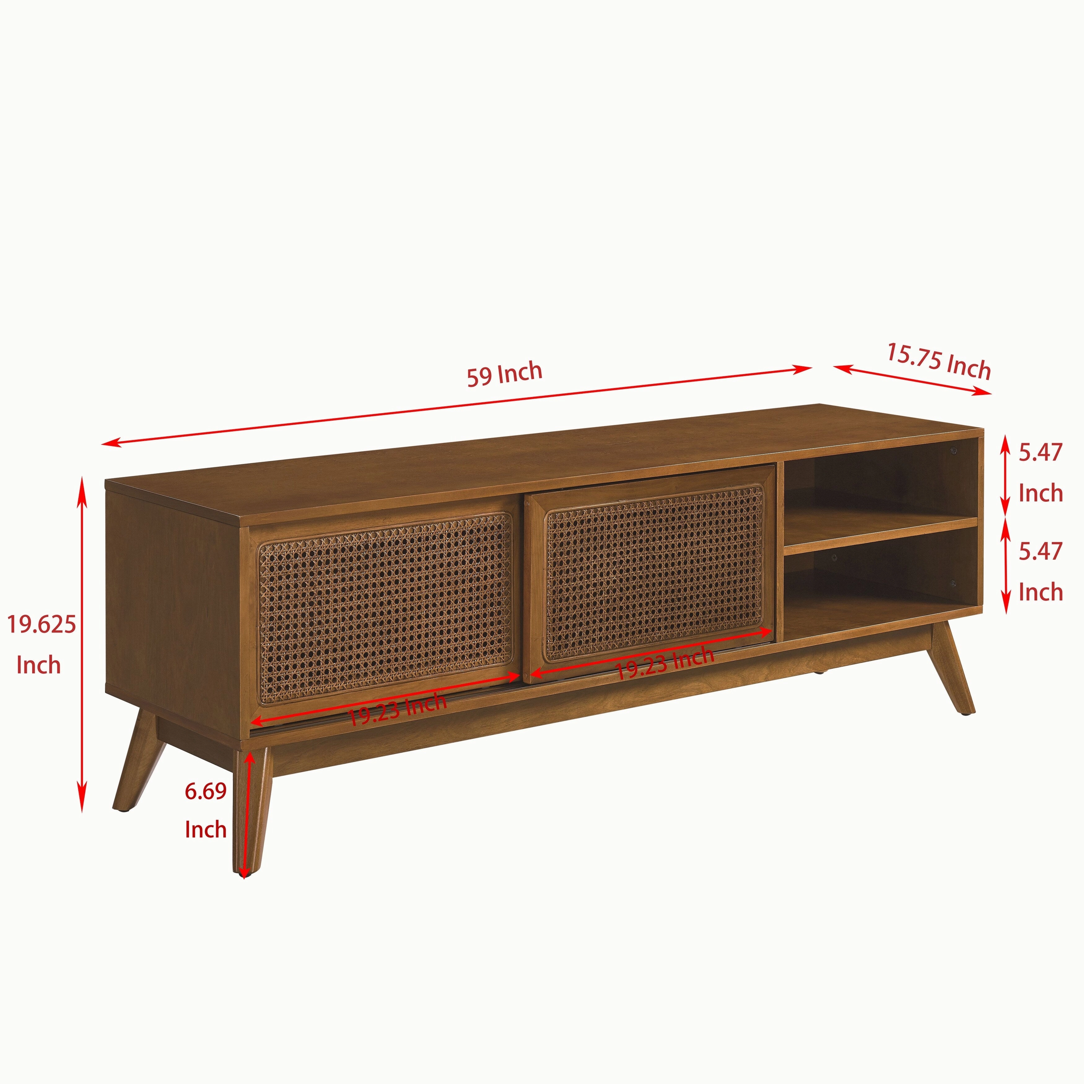 Vintage Rattan TV Cabinet with 2 Storage Cabinets and 4 Wooden Legs for Living Room Bedroom and Office
