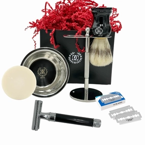 Vintage Wet Shave Grooming Set for Men - Safety Razor, Shaving Brush, Drip Stand, Shave Soap, Bowl & 10 Double Edge Blades (Gray)