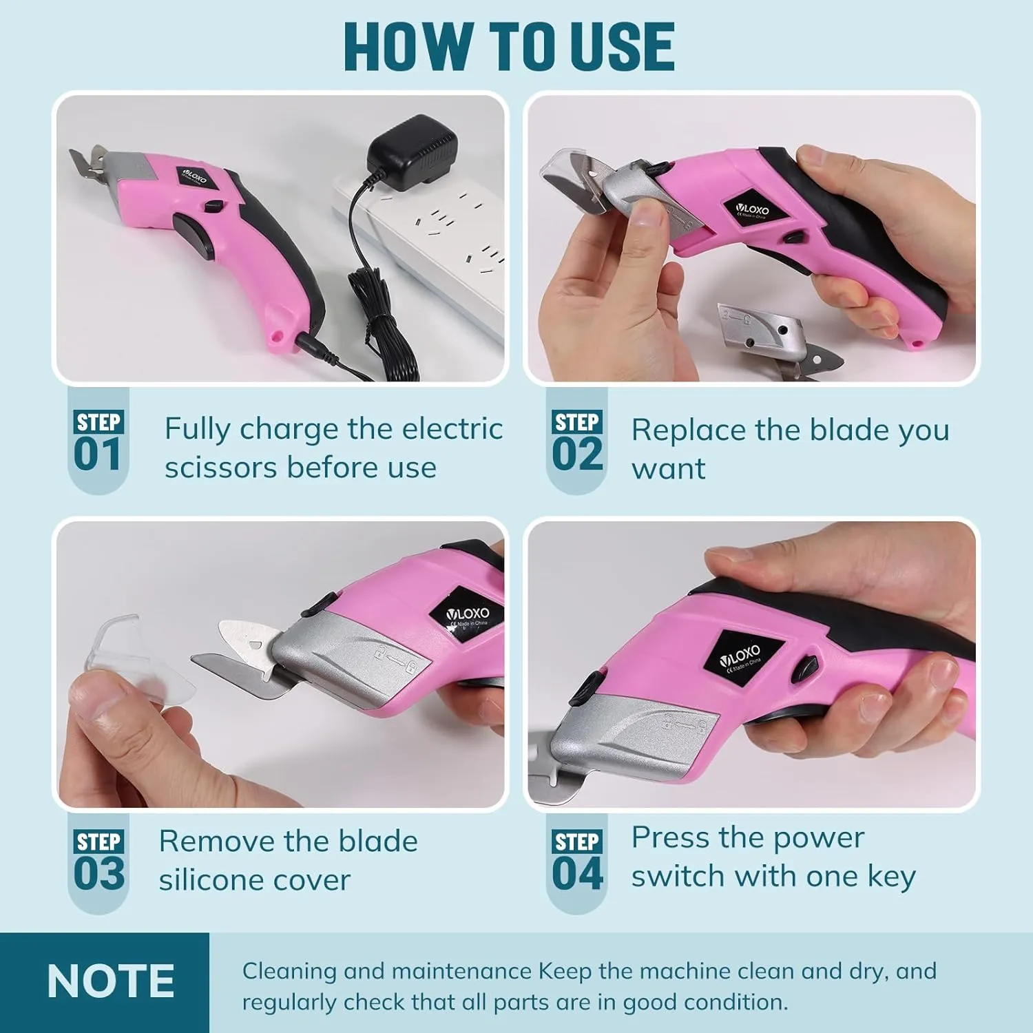VLOXO Cordless Electric Scissors with 2 Blades Rechargeable Powerful Shears Cutting Tool for Fabric Cardboard Carpet Leather Felt with Charger & Storage Box-Pink