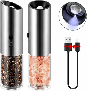 Vzaahu Gravity Electric Pepper and Salt Grinder Set of 2 - Rechargeable, Refillable, Adjustable Coarseness, Stainless Steel Seasalt Peppermill with LED light - One Hand Operation (Sliver)