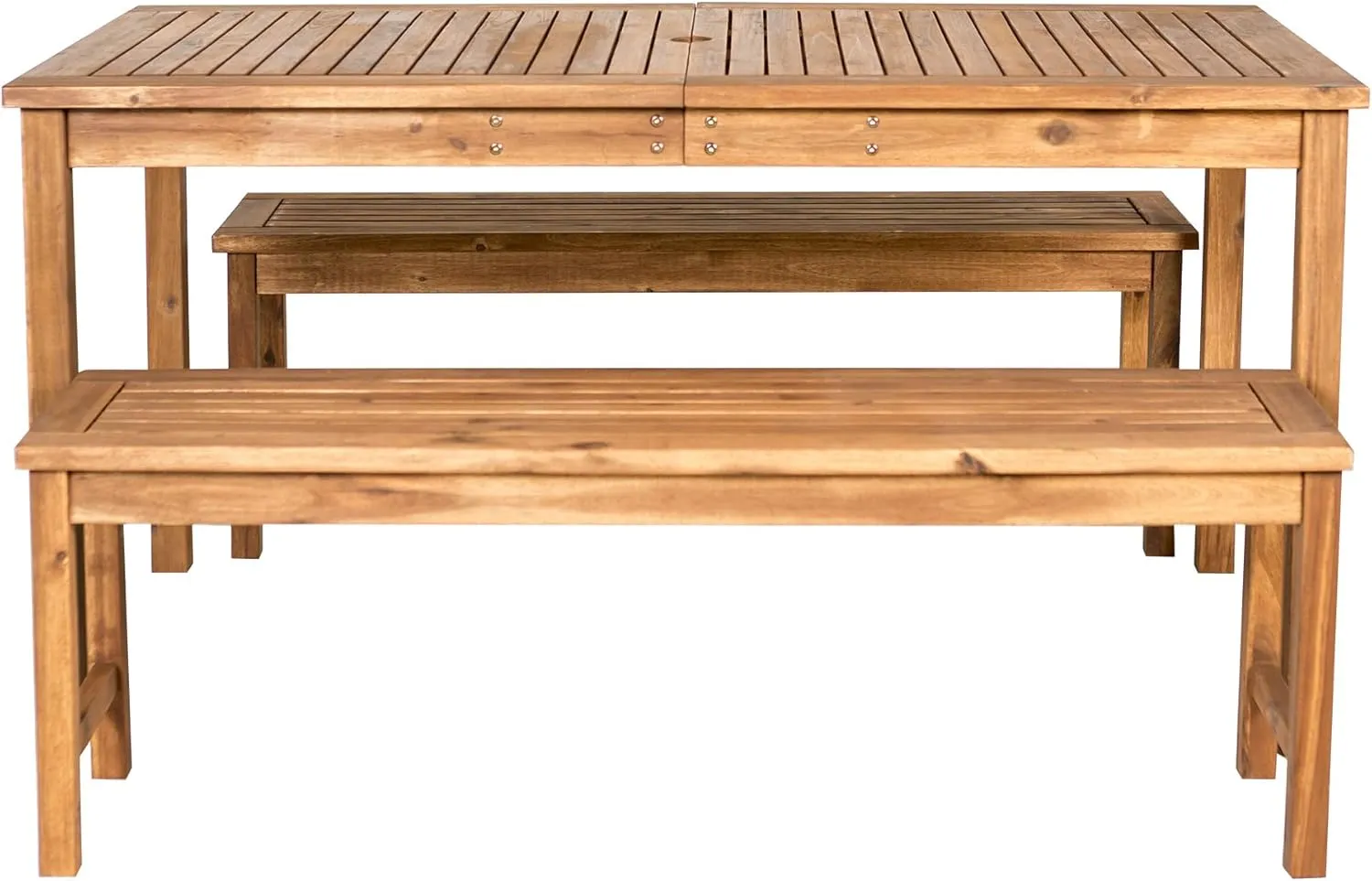 Walker Edison Dominica Contemporary 3 Piece Slatted Acacia Wood Outdoor Dining Table and Bench Set, Set of 3, Brown