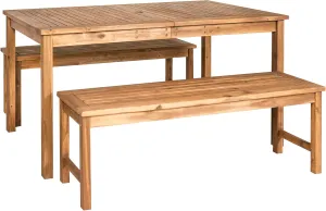 Walker Edison Dominica Contemporary 3 Piece Slatted Acacia Wood Outdoor Dining Table and Bench Set, Set of 3, Brown