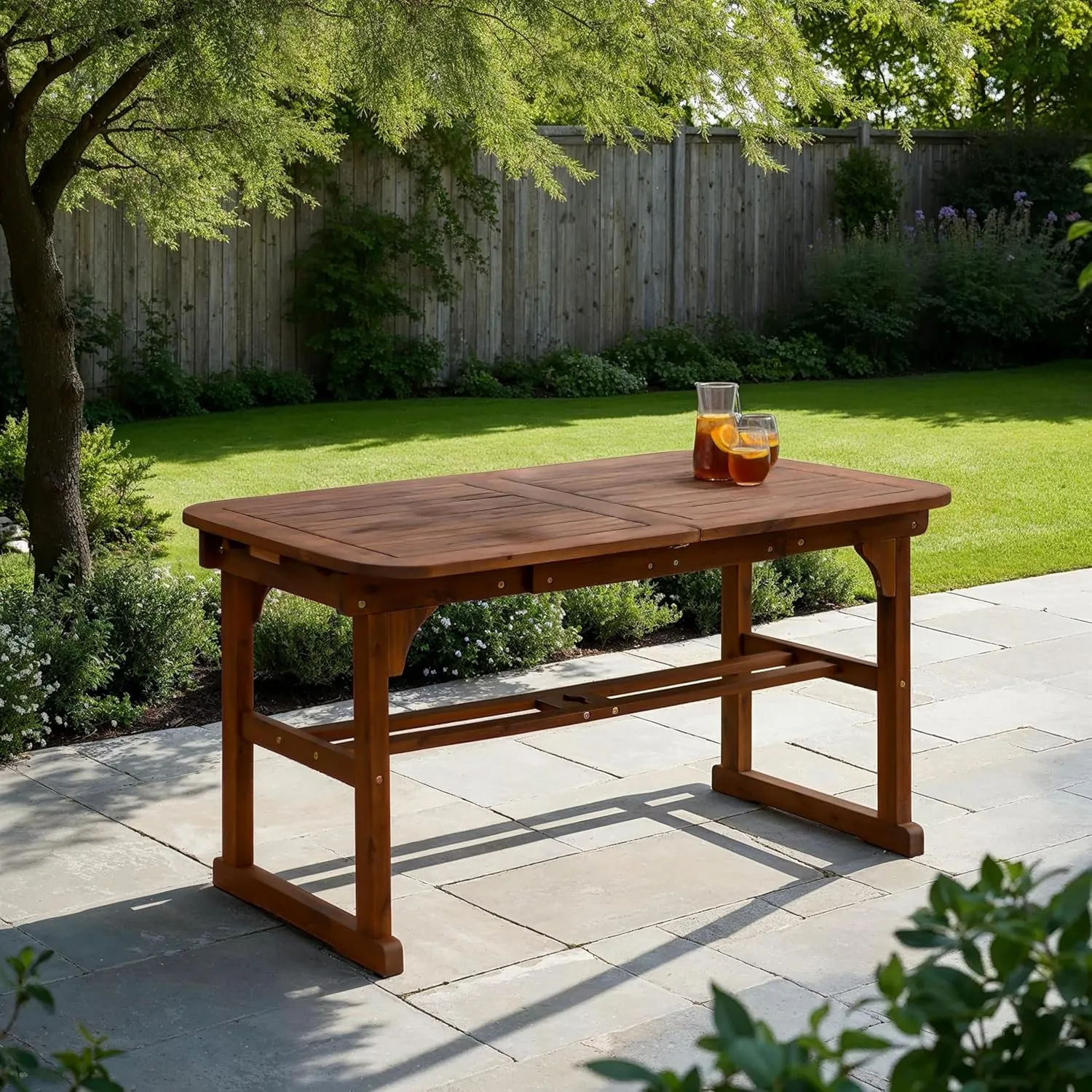 Walker Edison Maui Modern Solid Acacia Wood Slatted Patio Dining Table, 78 Inch, Dark Brown