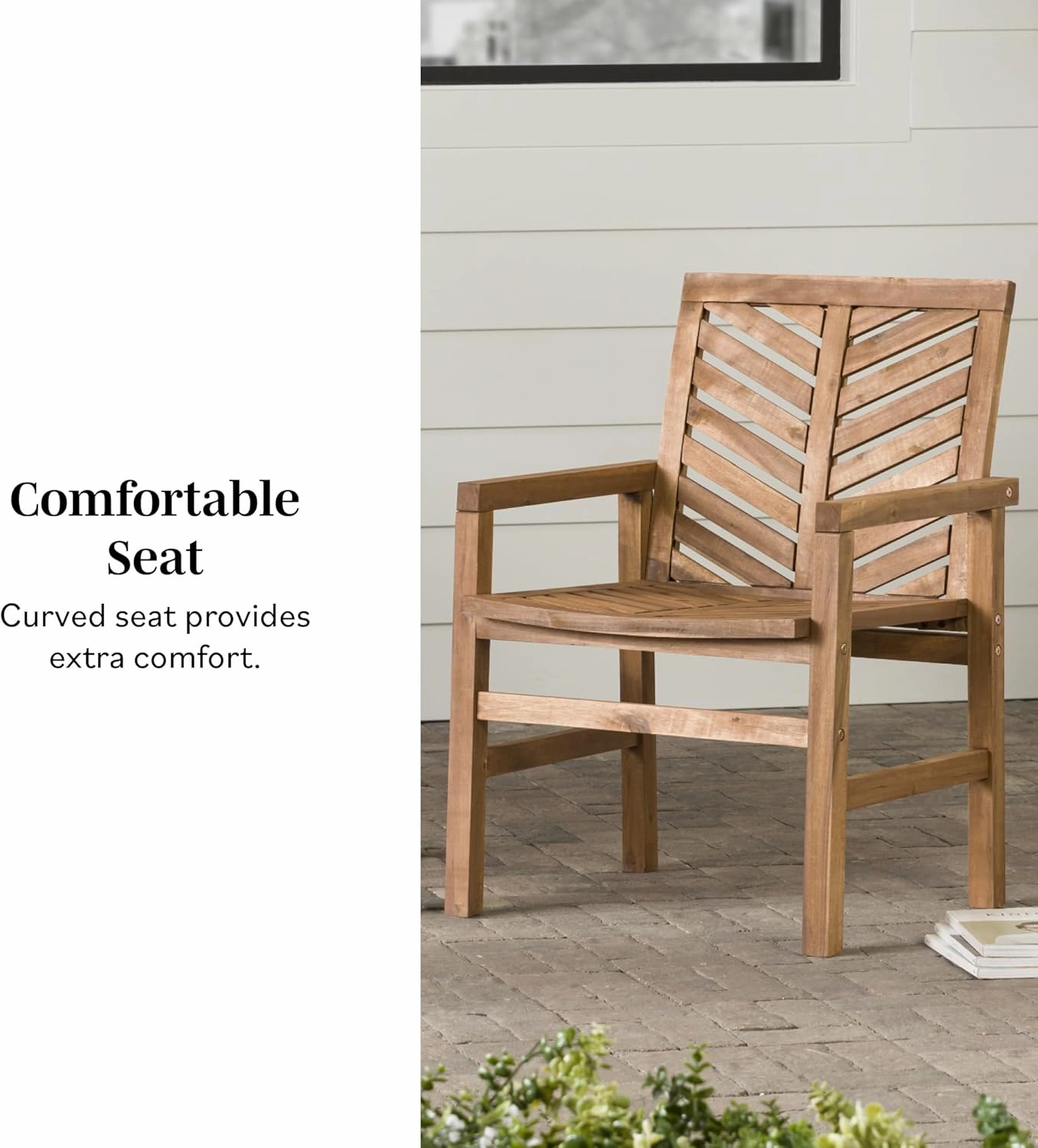 Walker Edison 2 Piece Outdoor Patio Chevron Wood Chair Set All Weather Backyard Conversation Garden Poolside Balcony, Set of 2, Brown
