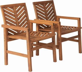 Walker Edison 2 Piece Outdoor Patio Chevron Wood Chair Set All Weather Backyard Conversation Garden Poolside Balcony, Set of 2, Brown