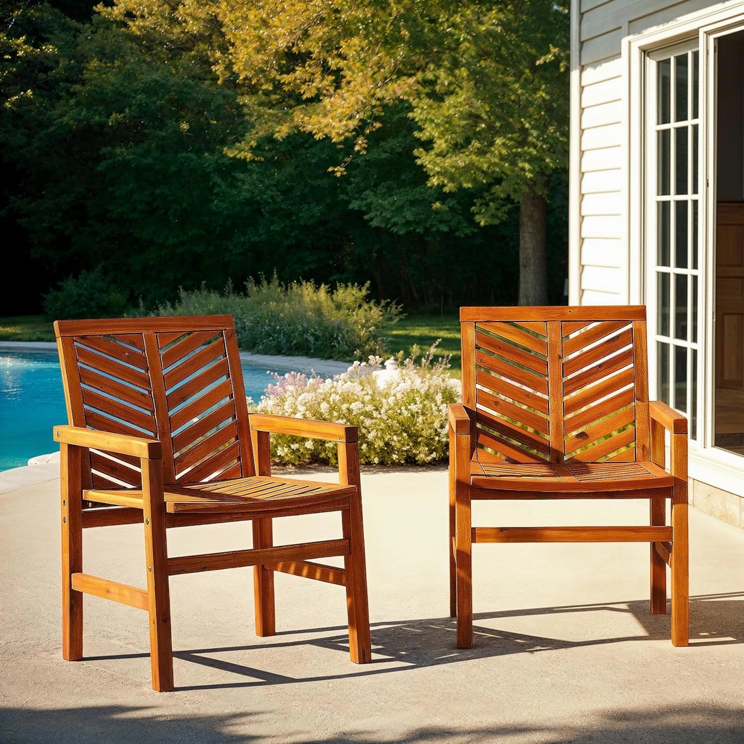 Walker Edison 2 Piece Outdoor Patio Chevron Wood Chair Set All Weather Backyard Conversation Garden Poolside Balcony, Set of 2, Brown